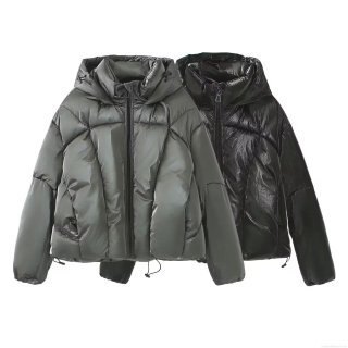 Women's Metallic Glossy Puffer Jacket Hooded Winter Padded Coat Warm Windproof Streetwear Short Quilted Bread Jacket For Ladies