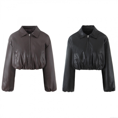 Women's PU Leather Short Padded Jacket Western Street Style Lapel Long Sleeve Cropped Winter Coat With Zipper And Pockets For Female