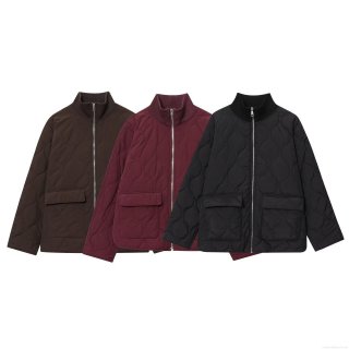 Women's European American Style Quilted Padded Jacket Vintage Stand Collar Long Sleeve Zipper Loose Outerwear With Pockets For Autumn Winter Casual Streetwear