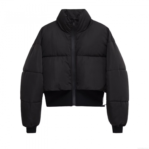 Women's Cropped Puffer Jacket Stand Collar Long Sleeve Quilted Cotton-padded Outerwear Loose Polyester Zipper Coat Streetwear Autumn Winter