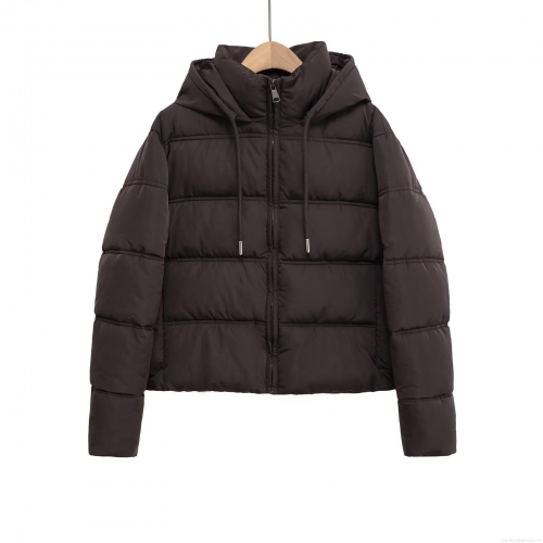 Women's Espresso Brown Hooded Padded Jacket Horizontal Quilted Zip Up Long Sleeve Warm Winter Puffer Coat With Drawstring Hood Ribbed Cuffs Casual Streetwear Outdoor Outerwear