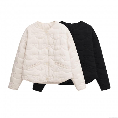 Women's Autumn Winter Bow Knot Pattern Quilted Jacket Casual Crew Neck Single Breasted Lightweight Puffer Cotton Coat Streetwear Outerwear For Women