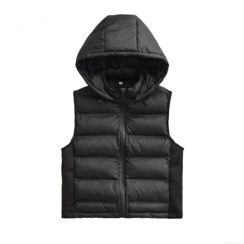 Women's Hooded Puffer Vest Polyester Quilted Sleeveless Waistcoat With Zipper Pockets Solid Color Streetwear European Style Warm Outerwear For Lady