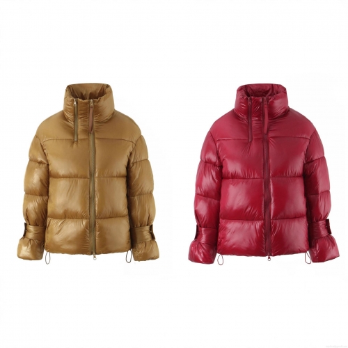 Women's Glossy Puffer Jacket Winter Warm Stand Collar Long Sleeve Quilted Padded Coat Shiny Streetwear Outwear With Dual Zippers Red Gold