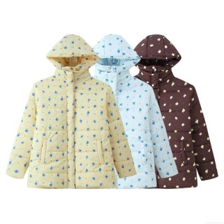 Women Floral Printed Hooded Padded Jacket Polyester Quilted Warm Winter Coat Loose Streetwear Outerwear For Autumn Winter Long Sleeve Zipper Up Puffer Jacket