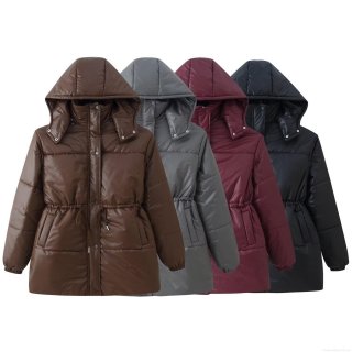 Women's Winter Puffer Padded Jacket Mid-Length Hooded Long Sleeve Outerwear With Waist Drawstring Street Style Windproof Warm Coat Zipper Button Closure