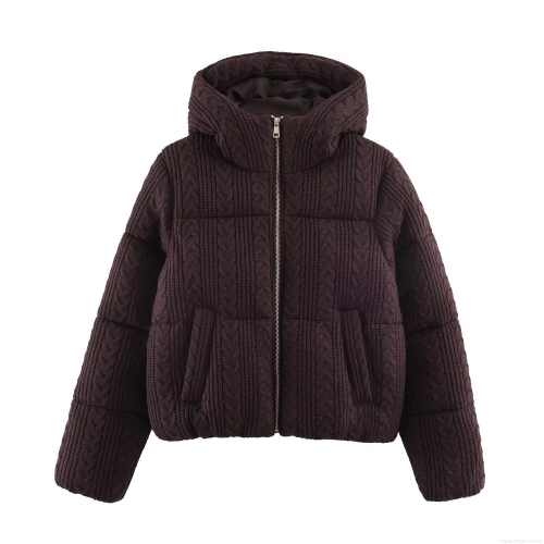 Women's Winter Fashion Casual Cable Knit Texture Hooded Cotton-Padded Jacket Loose Short Puffer Coat With Full Zip And Pockets Ladies Warm Outerwear