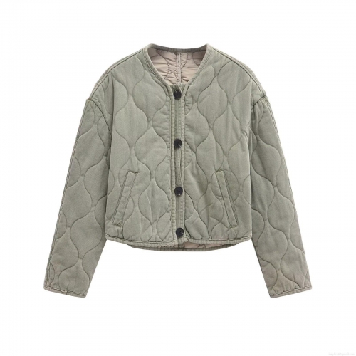 Women's Casual Quilted Jacket Vintage Washed Padded Coat With Round Neck Warm Lightweight Puffer Outerwear For Lady Winter Daily Wear