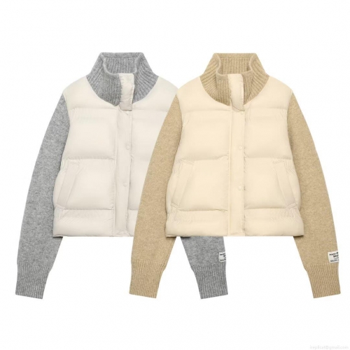 Women's Fashion Knitted Patchwork Padded Jacket Stand Collar Quilted Zip Up Winter Warm Coat Casual Oatmeal Grey Long Sleeve Outerwear