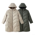 Women's Casual Long Quilted Padded Jacket With Hood Winter Warm Polyester Puffer Coat Solid Color Loose Fit Full Zip Hooded Outerwear For Ladies