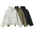 Women's Loose Quilted Padded Jacket Casual Stand Collar Windproof Cotton Coat With Drawstring Hem Autumn Winter Outerwear