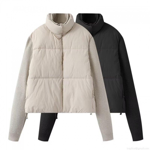 Women's Winter Casual Knit Patchwork Padded Jacket Stand Collar Windproof Warm Cotton Puffer Coat Fashion Beige Black Outerwear For Ladies