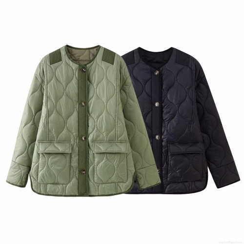 Women's Quilted Jacket 100% Polyester Long Sleeve Wave Quilted Round Neck Single Breasted Coat Loose Casual Mid-length Warm Outerwear For Winter Daily Lightweight Padded Jacket