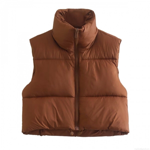 Women's Casual Cropped Puffer Vest Stand Collar Quilted Sleeveless Jacket With Zipper Pockets Drawcord Hem Solid Color Warm Winter Vest