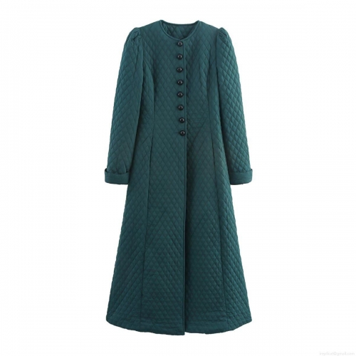 Women Long Quilted Padded Coat Dark Green Rhombus Pattern Single Breasted Round Neck Winter Warm Jacket Casual Fashion Outdoor Maxi Outerwear Polyester