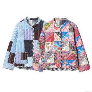 Women's Quilted Jacket Patchwork Print Cotton Padded Coat Casual Lightweight Warm Bohemian Vintage Outerwear Flower Stripe Geometric Pattern For Women