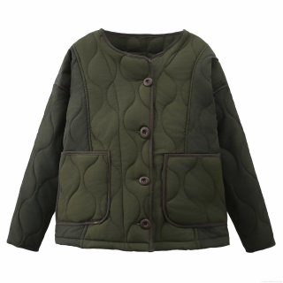 Women's Casual Quilted Jacket Polyester Spandex Color Block Wave Pattern Padded Coat Round Neck Single Breasted Warm Outerwear For Women Daily Wear