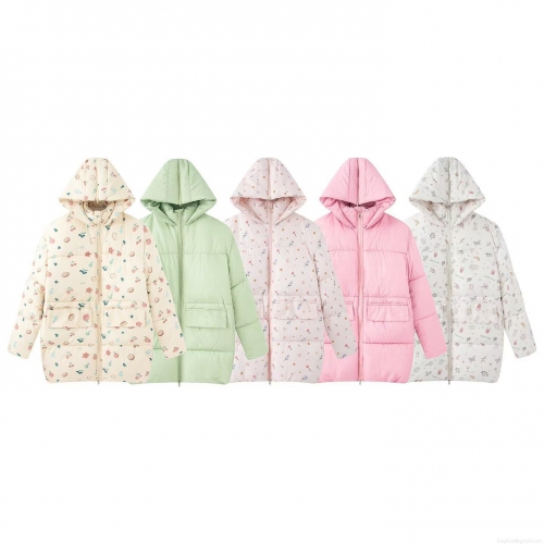 Women's Sweet Floral Hooded Puffer Jacket Warm Cotton Blend Windproof Mid-length Coat Casual Retro Bubble Sleeve Winter Outwear With Large Pockets