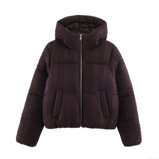 Women's Hooded Padded Jacket Cable Knit Texture Short Puffer Coat Zip Up Winter Warm Outerwear Casual Vintage Style Women Long Sleeve Cotton Blend Padded Jacket