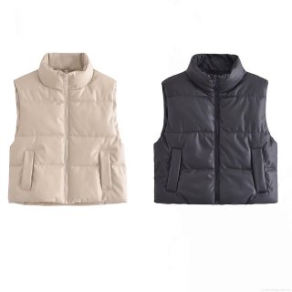 Women's Fashion PU Leather Padded Vest Casual Stand Collar Quilted Sleeveless Jacket With Pockets Warm Solid Color Autumn Winter Waistcoat For Women Ladies