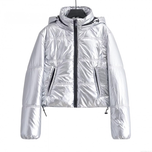 Women's Metallic Puffer Jacket Shiny Coated Hooded Zip Up Short Coat Winter Outdoor Warm Fashion Modern Padded Outerwear