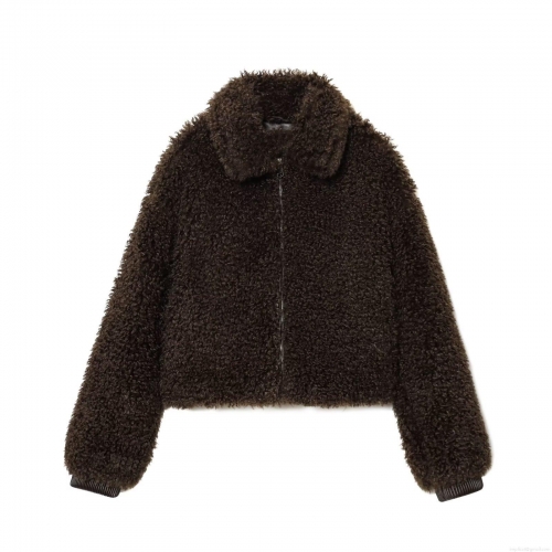 Women's Faux Sherpa Fleece Jacket Warm Fuzzy Coat Full Zipper Cropped Outerwear Casual Loose Fit Lapel Long Sleeve Jacket With Pockets For Winter Fall Ladies