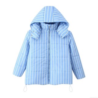 Women's Winter Padded Jacket Polyester Striped Loose Fit Hooded Coat With Stand Collar And Drawstring Casual Outwear For Ladies Warm Outerwear
