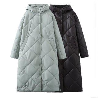 Women's Long Hooded Quilted Puffer Coat Winter Warm Diamond Pattern Padded Jacket Casual Windproof Long Sleeve Button Down Parka Outwear for Women