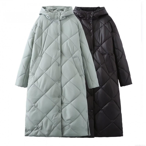 Women's Long Hooded Quilted Puffer Coat Winter Warm Diamond Pattern Padded Jacket Casual Windproof Long Sleeve Button Down Parka Outwear for Women