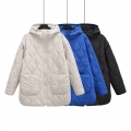 Women Quilted Hooded Jacket Casual Long Sleeve Wave Quilted Puffer Coat With Large Pockets Solid Color Lightweight Outerwear For Autumn Winter