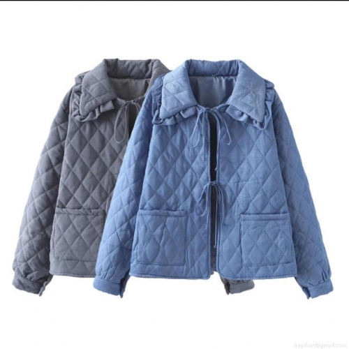 Women's Lightweight Diamond Quilted Jacket With Ruffle Collar Casual Loose Tie-up Padded Coat Cotton Blend Long Sleeve Outerwear For Autumn Winter