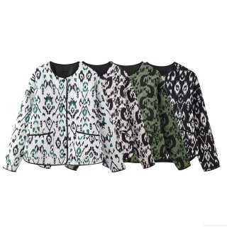 Women's Ethnic Print Quilted Padded Jacket Round Neck Button Up Lightweight Warm Outerwear Retro Bohemian Geometric Print Long Sleeve Autumn Winter Coat With Pockets