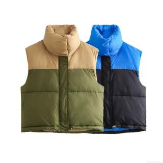 Women's Puffer Vest 100% Polyester Color-block Stand-up Collar Sleeveless Cotton Padded Jacket With Zipper Drawstring Hem For Casual Outdoor Winter Wear