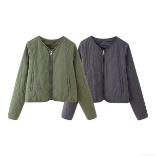 Women's Vintage Diamond Quilted Cotton Padded Jacket Lightweight V-Neck Zipper Outwear Casual Winter Coat For Women