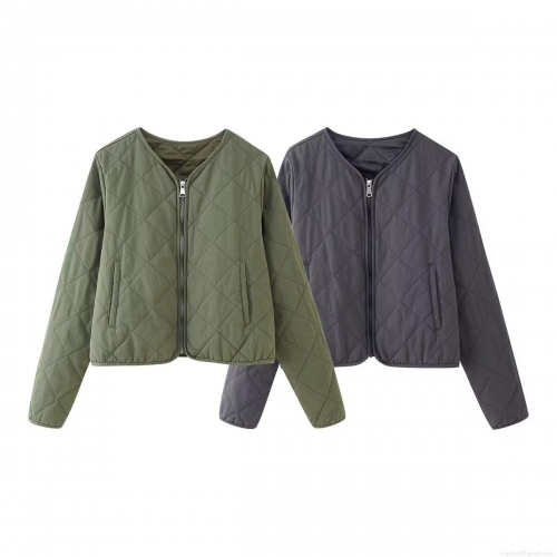 Women's Vintage Diamond Quilted Cotton Padded Jacket Lightweight V-Neck Zipper Outwear Casual Winter Coat For Women