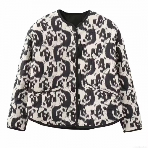 Women's Quilted Puffer Jacket Polyester Cotton Blend Abstract Ethnic Print Warm Coat Round Neck Long Sleeve Outerwear For Autumn Winter Casual Women Clothes