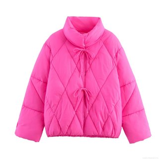 Women's Magenta Quilted Padded Jacket Casual Diamond Lattice Puffer Coat With Ribbon Bow Ties Stand Collar Winter Warm Outerwear For Women Retro Style