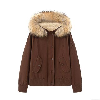 Women's Workwear Style Hooded Winter Jacket With Detachable Faux Fur Collar Sherpa Lined Cotton Blend Padded Coat For Outdoor Casual Warmth Coffee