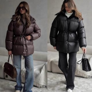 Women's Hooded Padded Jacket Cotton Blend Drawstring Waist Warm Quilted Coat Casual Outerwear For Autumn Winter