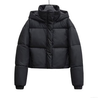 Women's Short Hooded Puffer Jacket Polyester Warm Quilted Windproof Coat For Winter Casual Ladies Solid Black Outerwear