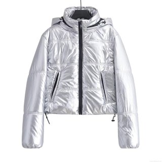 Women's Silver Metallic Hooded Puffer Jacket Shiny Padded Coat Short Winter Warm Outerwear Windproof Zip Up Quilted Jacket Women Streetwear Fashion