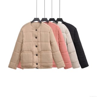 Women's Quilted Lightweight Puffer Jacket Long Sleeve Round Neck Button Up 100% Cotton Coat Casual Retro Warm Outerwear With Pockets For Women