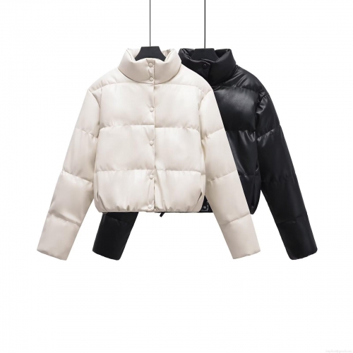 Women's Fashion Short PU Leather Puffer Jacket Winter Warm Faux Leather Quilted Padded Coat With Stand Collar Zip Up Outerwear For Women