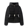 Women's Hooded Cotton Padded Jacket Waterproof Black Quilted Coat With Belt Slim Fit Warm Winter Outerwear Casual Short Puffer Coat