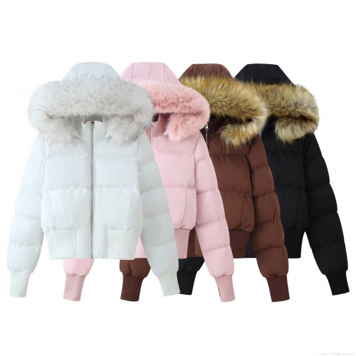 Women's Short Puffer Jacket With Faux Fur Collar Hooded Cotton Padded Winter Coat Windproof Warm Solid Color Outerwear For Ladies