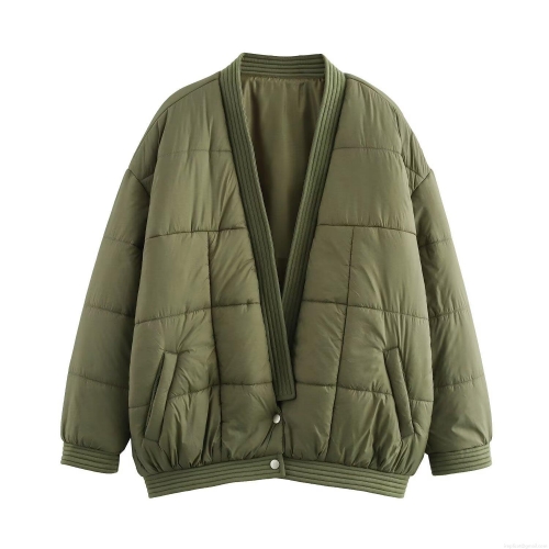 Women's Army Green Quilted Jacket Cotton Blend Loose Long Sleeve V-Neck Warm Puffer Coat For Casual Winter Outwear