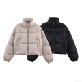 Women's Shiny Polyester Puffer Jacket With Polyester Cotton Filling Short Stand Collar Water-Repellent Windproof Winter Quilted Coat Casual Fashion Outerwear