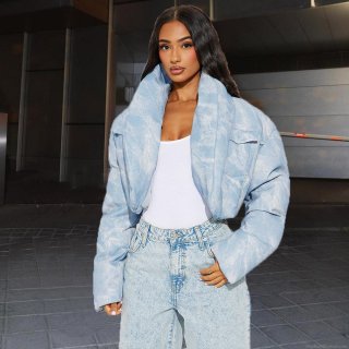 Women's Tie Dye Padded Jacket Scarf Collar Loose Short Cotton Padded Coat Streetwear Light Blue Winter Warm Puffer Outerwear With Pockets Fashion