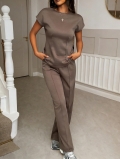 Women's Casual Two-Piece Lounge Set Polyester Viscose Blend Round Neck Short Sleeve T-Shirt and High Waist Wide Leg Pants Solid Color Summer Outfits Tracksuit