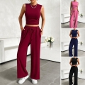 Women's 2 Piece Viscose Ribbed Knit Outfits Sleeveless Crewneck Tank Top And Drawstring Wide Leg Pants Casual Lounge Set